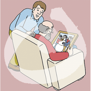 Rückenansicht eines alten weinenden Mannes auf einem Sessel. Er hält ein Bild in den Händen. Daneben steht ein Mann.