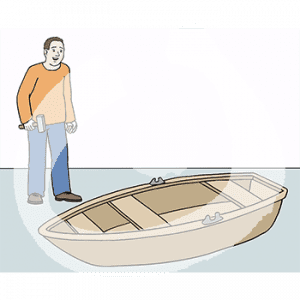 Ein fröhlicher Mann steht vor einem nicht angestrichenen Ruderboot. In der Hand hält er einen Hammer.