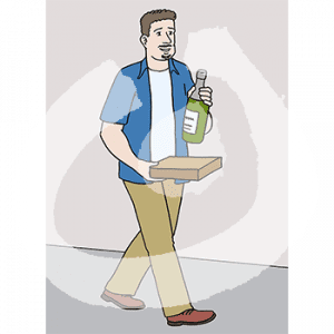 Ein Mann mit Sektflasche und Pizzakarton in der Hand.