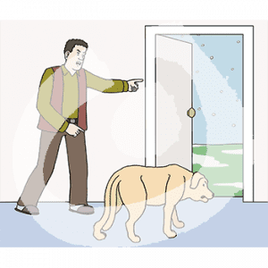 Ein wütender Mann steht neben einem Hund und zeigt auf eine offene Haustür.