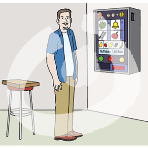 Ein Mann steht vor einem Spielautomaten.