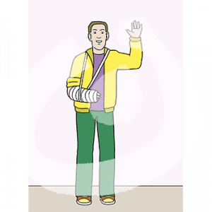 Ein winkender Mann in Trainingsjacke und Gips Arm.