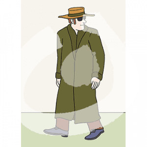 Ein Mann mit Mantel, Hut und Sonnenbrille guckt nach hinten.