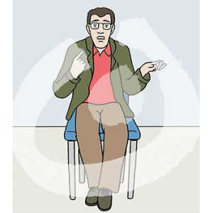 Ein erschrockener Mann sitzt auf einem Stuhl.