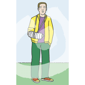 Ein Mann in Trainingsanzug und mit Gips Arm.