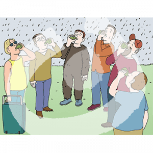 Sechs Männer stehen im Regen im Halbkreis und trinken aus Flaschen.