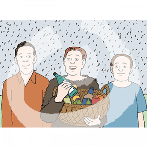 Drei Männer in Portraitansicht stehen im Regen. Der mittlere hält einen Korb mit Flaschen.