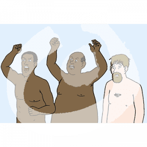 Drei wütende Männer in Portraitansicht mit nachten Oberkörpern. Zwei heben die Fäuste.