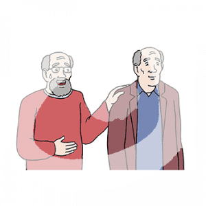 Ein alter, weinender Mann in Portraitansicht. Er legt einem anderen alten Mann eine Hand auf die Schulter.