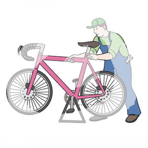 Eine Person mit Latzhose und Maulschlüssel in der Tasche. Sie steht neben einem Fahrrad. Das Fahrrad ist auf einem Montageständer.