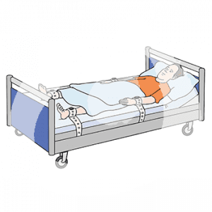 Eine Person liegt an Armen und Beinen fixiert in einem Pflegebett.
