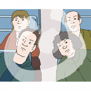 Portraitansicht von vier wütenden Personen im Bus.