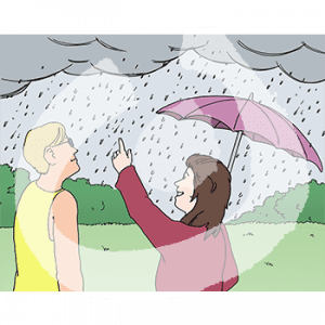 Zwei Personen in Portraitansicht stehen auf einer Grünfläche im Regen. Eine Person hat einen Regenschirm und zeigt in den Himmel.