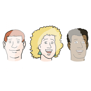 Drei Köpfe von Personen mit unterschiedlichen Hautfarben, Haarfarben und Geschlechtern.