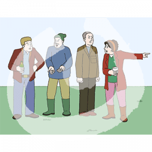 Vier wütende Personen in einer Reihe. Eine zeigt auf etwas.