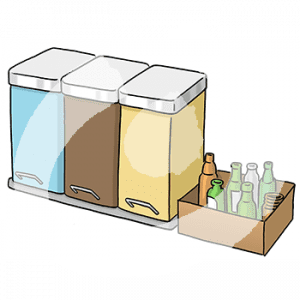 Drei Mülleimer in unterschiedlichen Farben und eine Kiste mit Altglas nebeneinander.