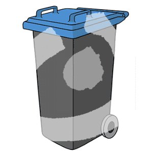 Eine schwarze Mülltonne mit blauem Deckel.