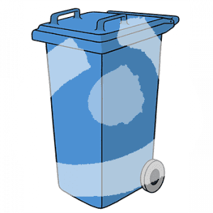 Eine blaue Mülltonne.