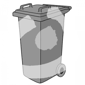 Eine schwarze Mülltonne.