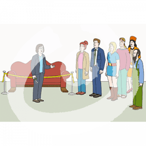 Eine Person mit Schere in der Hand steht neben einem Sofa. Das Sofa ist mit einem Band abgesperrt. Davor stehen sechs Personen.