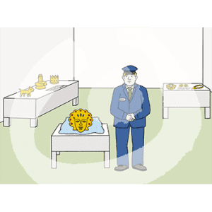 Eine Person in Wächteruniform steht neben einem Tisch mit einer goldenen Maske auf einem Kissen.