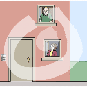 Eine Person steht im Erdgeschossfenster eines Wohnhauses. Sie guckt zu einer Person im Fenster des ersten Stockwerks.