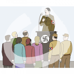 Hitler steht auf einem Rednerpult mit einem Hakenkreuz. Davor stehen sechs Personen in Alltagskleidung und zwei Personen in Uniform mit roter Hakenkreuzarmbinde.