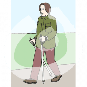 Eine Person mit Nordic-Walking Stöcken läuft auf einem Weg im Grünen.