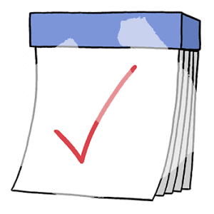 Ein Block mit Papierzetteln. Auf dem obersten ist ein roter Haken.