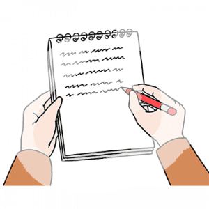 Eine Hand hält einen Notizblock mit Schrift. Die andere Hand hält einen Stift auf das Papier.