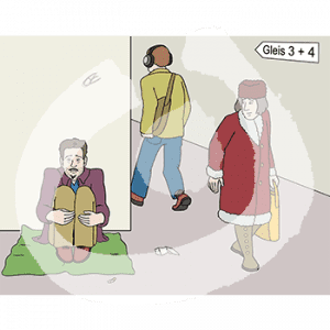 Eine Person sitzt auf einer Decke an einer Wand. Eine Person guckt ihn an, eine andere geht in Richtung eines Schildes. Auf dem Schild steht: Gleis 3 und 4.