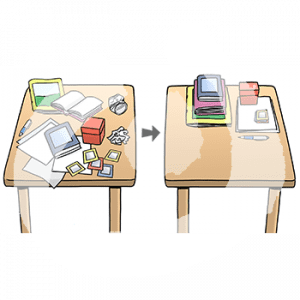 Ein Tisch mit durcheinanderliegenden Materialien. Papiere, Bücher, Stifte. Ein Pfeil zeigt auf einen Tisch daneben mit geordneten Materialien.