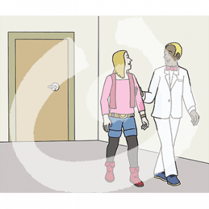 Zwei Personen gehen von einer Tür weg. Eine Person greift um den Oberarm der anderen Person.