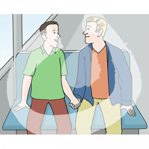 Zwei Männer sitzen Hand in Hand auf einer Bank.