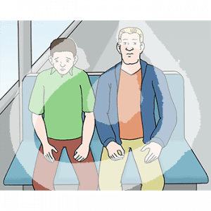 Zwei traurige Männer sitzen nebeneinander auf einer Bank.