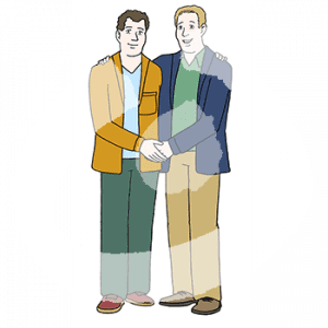 Zwei Männer stehen Arm in Arm nebeneinander und halten Händchen.