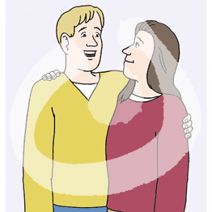 Ein Mann und eine Frau stehen Arm in Arm nebeneinander. Sie schauen sich an.