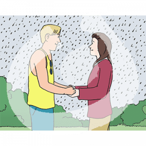 Ein Mann und eine Frau stehen sich im Regen gegenüber. Sie halten sich an den Händen.