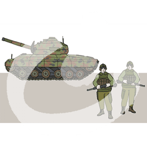 Zwei Personen in Soldatenuniformen und mit Gewehren. Sie stehen vor einem Panzer.