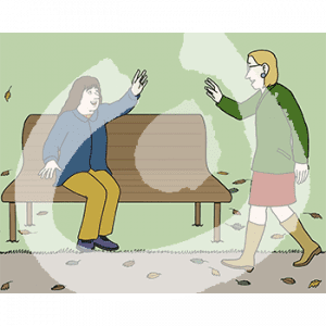 Eine Person sitzt auf einer Parkbank. Sie winkt einer Person die auf sie zukommt. Um sie herum liegen Blätter.