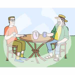 Zwei Personen sitzen mit Bechern in der Hand an einem Tisch im Grünen. Darauf steht eine Kanne.