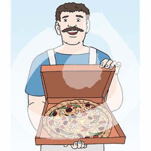 Eine Person hält einen offenen Pizzakarton nach vorn.