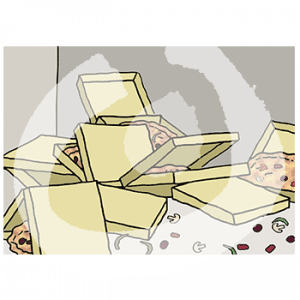 Verteilte, umgekippte, offene Pizzakartons.