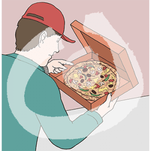 Eine Person guckt in einen offenen Pizzakarton.