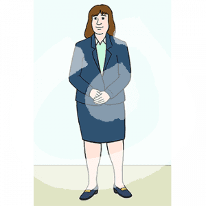 Eine Frau in Blazer und Rock.