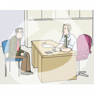 Eine Person sitzt an einem Schreibtisch. Davor sitzt eine andere Person.