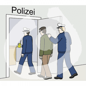 Eine Person in Polizeiuniform hält einen Farbtopf. Sie läuft in eine Tür mit der Aufschrift: Polizei. Dahinter läuft eine Person in Polizeiuniform mit der Hand auf dem Rücken einer anderen Person.