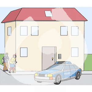 Zwei Personen stehen an einer Hausecke. Davor steht ein Polizeiauto.