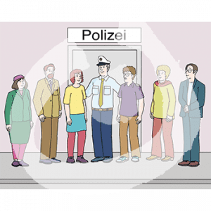 Eine Person in Polizeiuniform steht zwischen sechs Personen in einer Reihe. Dahinter ist ein Gebäude mit der Aufschrift: Polizei.