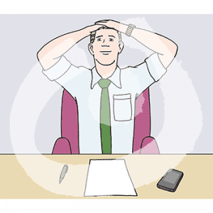 Eine Person in Hemd und Krawatte hält sich die Hände auf dem Kopf. Sie sitzt an einem Tisch mit Stift, Zettel und einem Handy.